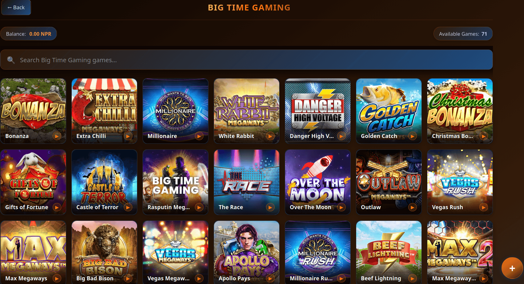 Big Time Gaming games lobby on UBET