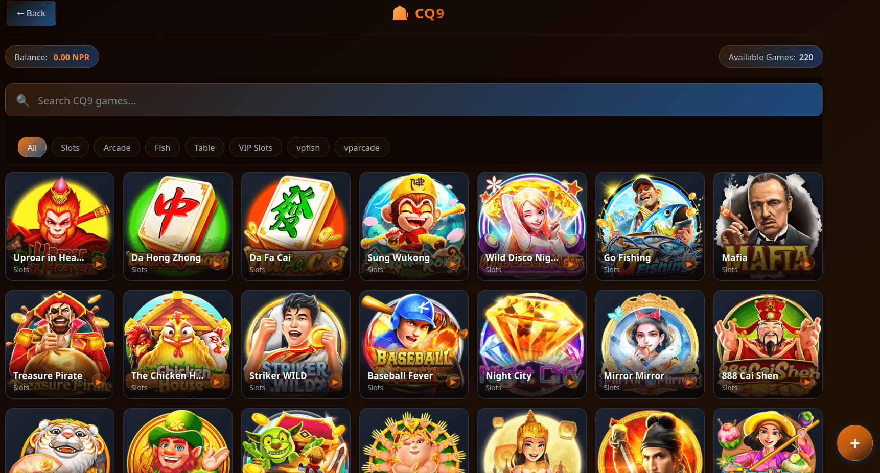 CQ9 Gaming games lobby on UBET