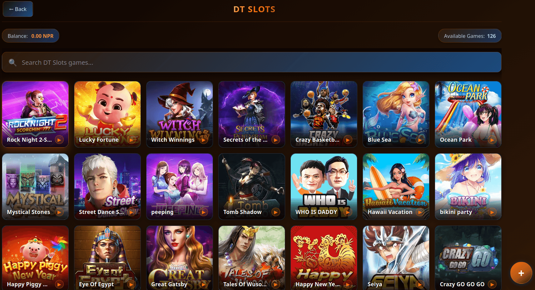 DT Slot games lobby on UBET