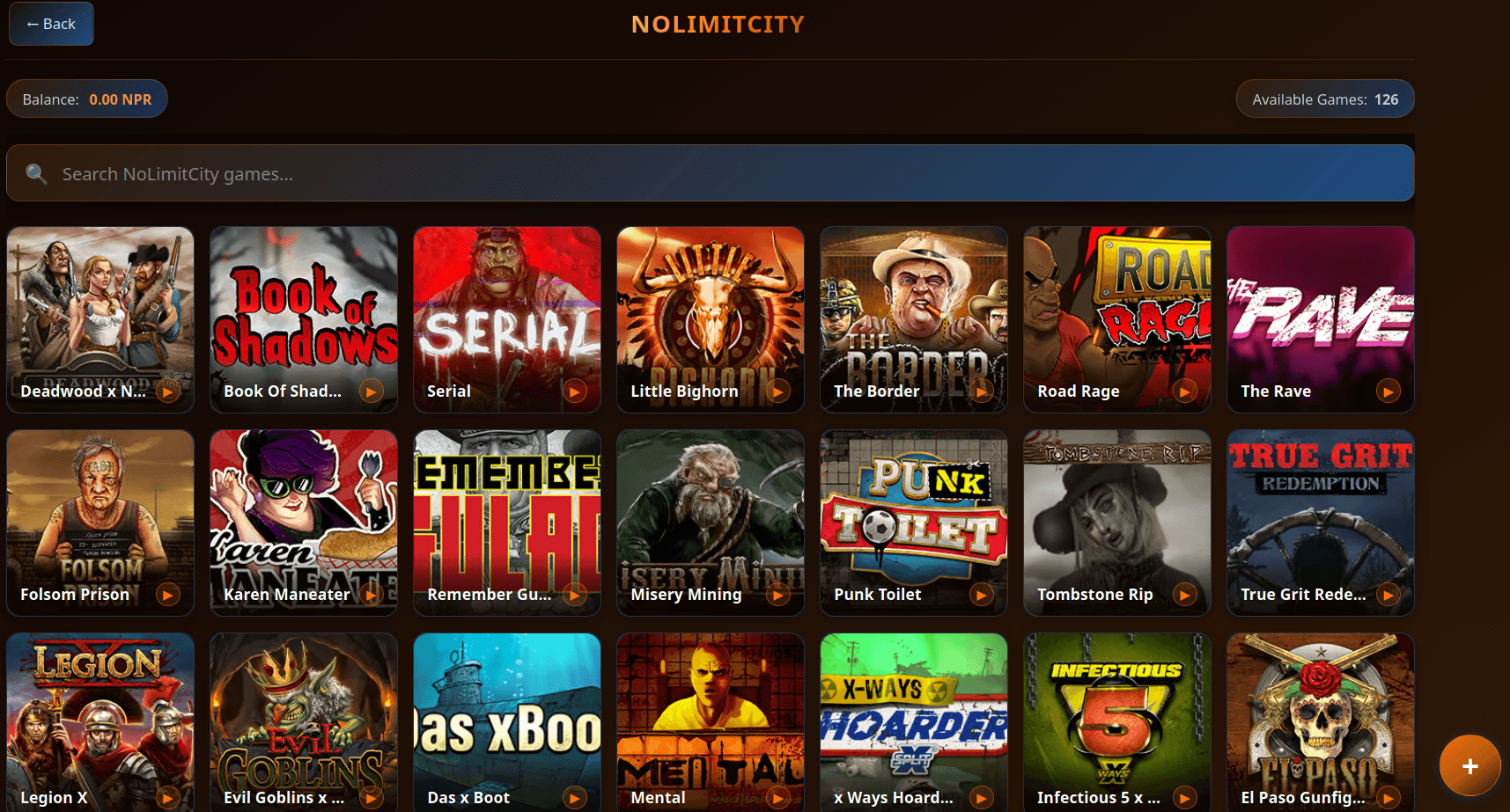 Nolimit City games lobby on UBET