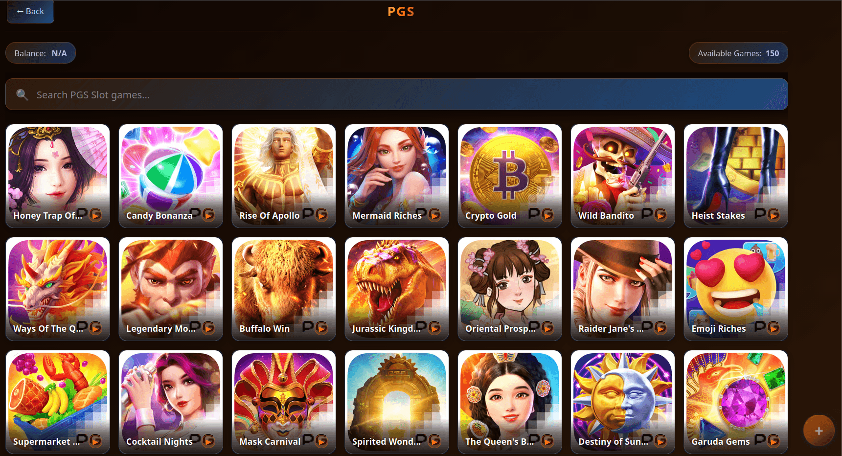 PGS Slot games lobby on UBET