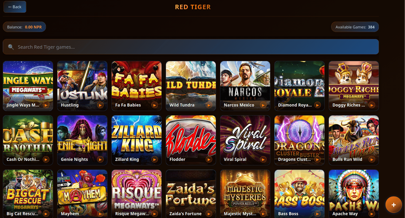 Red Tiger games lobby on UBET