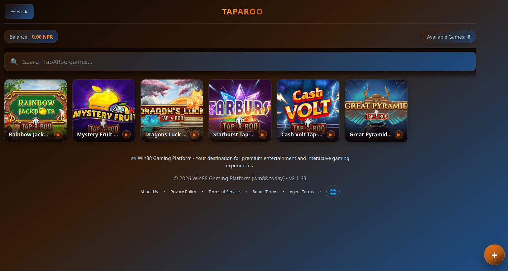 Tap-A-Roo games lobby on UBET