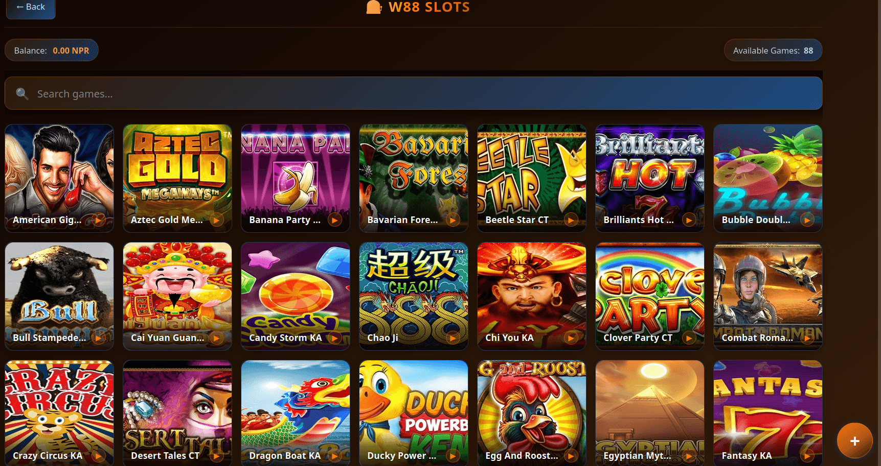 Win 88 Slots games lobby on UBET