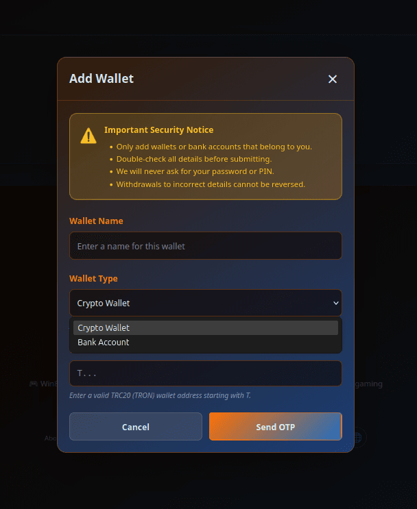 Adding a bank account on UBET