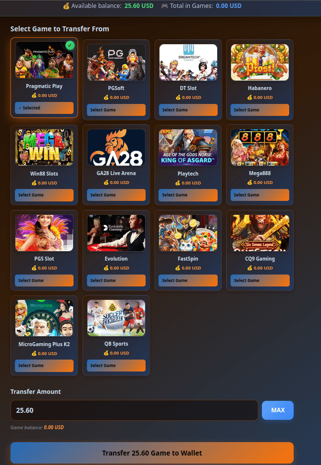 Transferring winnings from a game back to the main wallet
