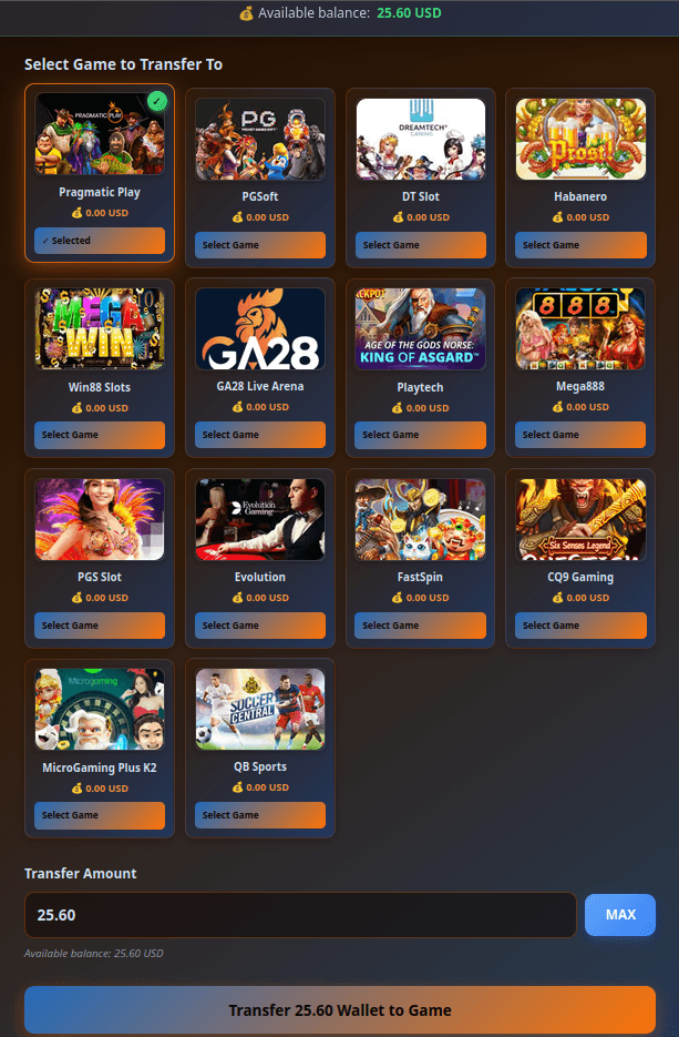 Transferring from main wallet to a game on UBET